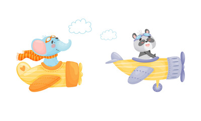 Cute baby animals pilots set. Funny elephant, panda bear pilot characters flying by airplane cartoon vector illustration