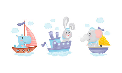 Cute baby animals captains set. Funny hippo, bunny, elephant sailors characters sailing on sailboats cartoon vector illustration