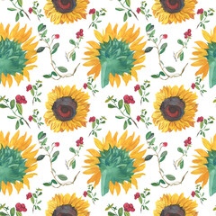 Fototapeta na wymiar Watercolor seamless pattern with yellow sunflowers and red lingonberries on white isolated background.Autumn,berry,floral hand painted print.Designs for fabric,wrapping paper,packaging,scrapbook paper