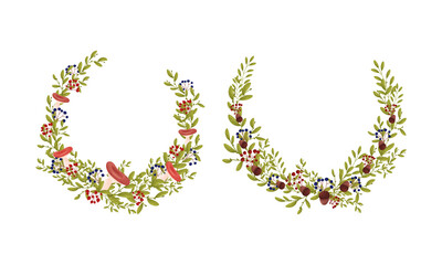 Wreath of leaves, berries, mushrooms and acorns set. Beautiful rustic round Christmas wreaths. Invitation, greeting card, banner decor design vector illustration