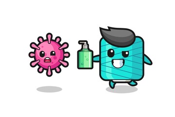 illustration of yarn spool character chasing evil virus with hand sanitizer