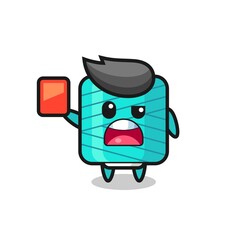 yarn spool cute mascot as referee giving a red card