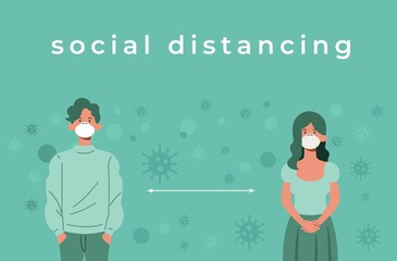 Social distancing. Young man and woman with medical masks and keep their distance to prevent coronavirus or covid19. Vector illustration in a flat style