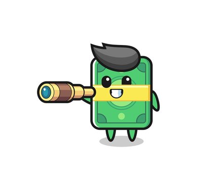 cute money character is holding an old telescope