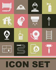 Set Firefighter axe, escape, Burning match with fire, burning house, hose reel and Smoke alarm system icon. Vector