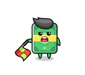 money character as line judge hold the flag down at a 45 degree angle