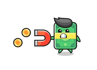 the character of money hold a magnet to catch the gold coins