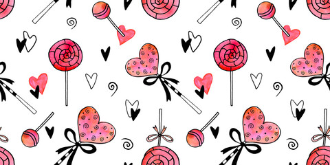 Fototapeta na wymiar Seamless hand drawn pattern of watercolor candy, sweets, lollipops, hearts. Holidays backgrounds and texture. For greeting cards, wrapping paper, fabric, print, Valentine day