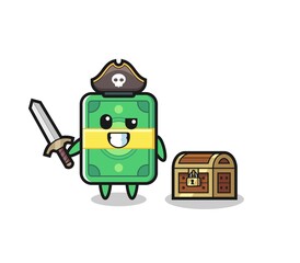 the money pirate character holding sword beside a treasure box