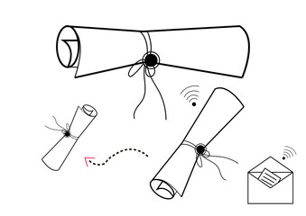 Set of paper scrolls. Postal collection. Ancient manuscript. Line. Icon. Magic mail. Vector illustration