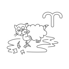 Aries zodiac sign as a funny cat. Line art isolated on white background. Vector illustration