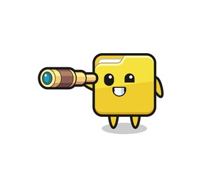 cute folder character is holding an old telescope