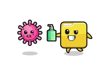Fototapeta premium illustration of folder character chasing evil virus with hand sanitizer