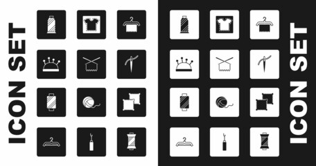 Set Hanger wardrobe, Knitting needles, Needle bed and, Sewing thread on spool, with, pattern, Textile fabric roll and icon. Vector