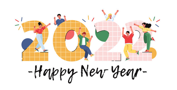 Happy New Year 2022. Joyful people wave their hands. Big numbers 2022. Congratulatory illustration in flat style. 