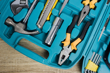 set of tools on wooden background