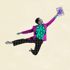 Modern design, contemporary art collage. Inspiration, idea, trendy urban magazine style. Man jumping on pastel background