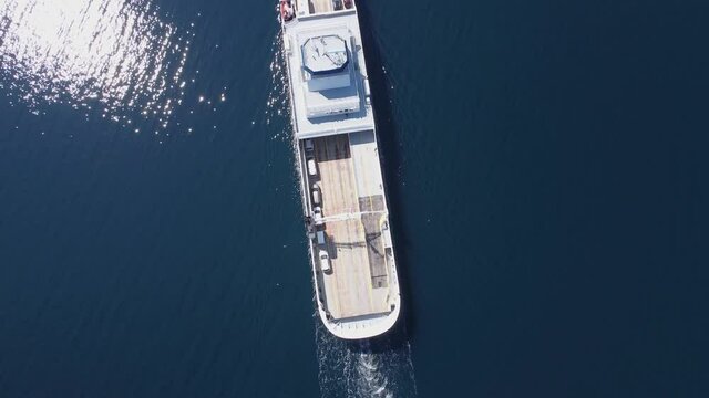 Overtaking car ferry Mf Oppedal in birdseye perspective - Ferry crossing Sognefjorden Norway between Oppedal and Lavik at highway E39