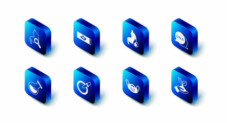 Set Blood test and virus, Stomach heartburn, DNA symbol, Plant in hand, Medical protective mask, Petri dish with pipette, Test tube flask and magnifying glass icon. Vector