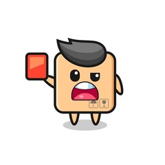 cardboard box cute mascot as referee giving a red card