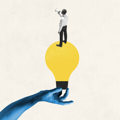Female blue hand holding electric bulb as idea symbol with young man, office worker isolated on...