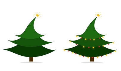 A set of two decorated isolated Christmas trees on a white background. One tree is decorated with red and yellow balls.