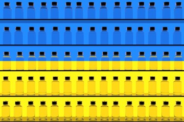 Vaccine bottles and flag of Ukraine. Vaccination related conceptual 3D rendering