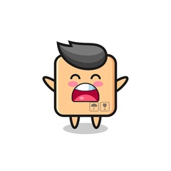 cute cardboard box mascot with a yawn expression