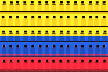 Glass vaccine vials on the shelves and flag of Colombia. Vaccination related conceptual 3D rendering