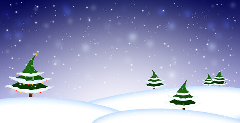 Christmas card. Snowy field with snow-covered fir. Christmas tree decorated with red and yellow toys Night, winter, moon.