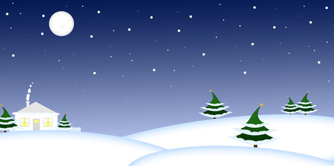 Christmas card. A snow-covered house with smoke from a chimney surrounded by fir trees. Night, winter, moon.