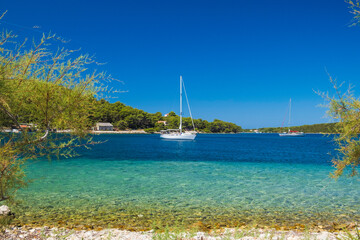 Turquoise lagoon on Adriatic coast in Croatia. Beautiful Mediterranean landscape. Soline bay on Dugi Otok island. - obrazy, fototapety, plakaty