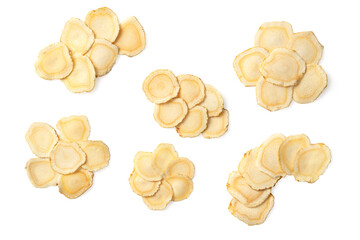 Dried American ginseng slices isolated on white background, top view