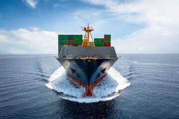 Front view of a loaded container cargo vessel traveling with speed over blue ocean