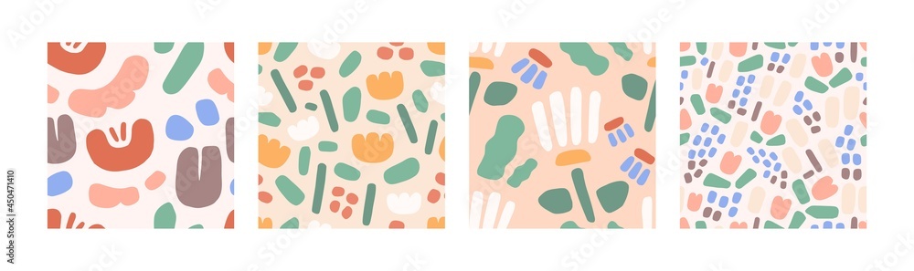 Poster Set of modern seamless patterns with abstract geometric shapes and flowers. Simple repeating background designs. Floral doodle art for decoration and printing. Colorful flat vector illustrations