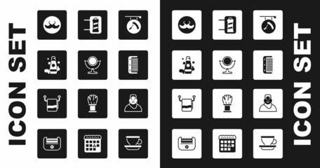 Set Barbershop with razor, Round makeup mirror, Bottle of shampoo, Mustache, Hairbrush, pole, Client in barbershop and Towel on hanger icon. Vector