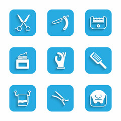 Set Medical rubber gloves, Hair clip, Mustache and beard, Hairbrush, Towel on hanger, Cream cosmetic jar, Electrical hair clipper and Scissors hairdresser icon. Vector