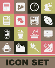 Set Paper clip, Computer monitor, American football ball, Clock, Speech bubble chat, Dossier folder, Exam paper with incorrect answers and Shelf books icon. Vector