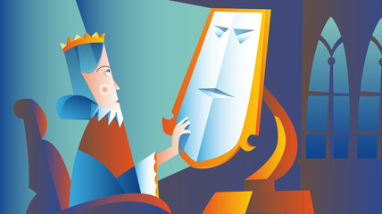 Evil Queen with Magic Mirror, fairytale Stepmother checking her beauty, vector illustration
