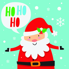cute santa with blue background and snowflakes with bubble talk ho ho ho