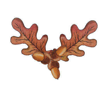 Watercolor autumn branch with leaves oak and acorns