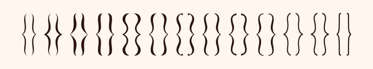 Set of black curly brackets. Curl braces of different shapes and line thickness. Parenthesis signs collection. Graphic elements for typography. Maths or punctuation frame symbols. Vector illustrations
