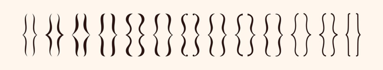 Obraz premium Set of black curly brackets. Curl braces of different shapes and line thickness. Parenthesis signs collection. Graphic elements for typography. Maths or punctuation frame symbols. Vector illustrations