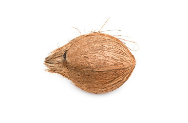 Peeled organic fresh coconut on isolated white background