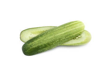 Sliced organic fresh cucumber on isolated white background