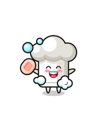 chef hat character is bathing while holding soap