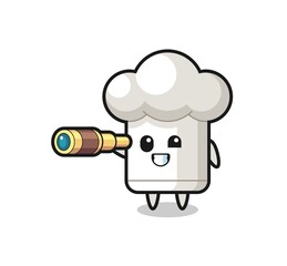 cute chef hat character is holding an old telescope