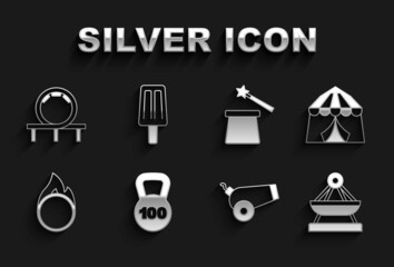 Set Weight, Circus tent, Boat swing, Cannon, fire hoop, Magic hat and wand, Roller coaster and Ice cream icon. Vector