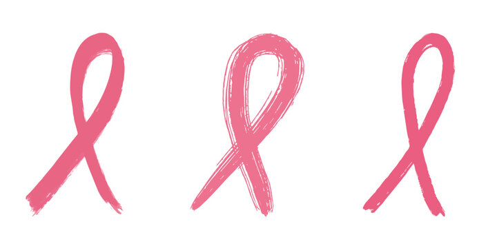 Set of various pink ribbon - breast cancer awareness symbol. Collection of grunge textured hand drawn ink paint strokes. Clip art, vector design element for healthcare medical concept isolated.