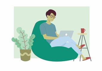 Man working on laptop computer at home. Freelance, work at home, remote work and home office. Vector illustration in a flat style